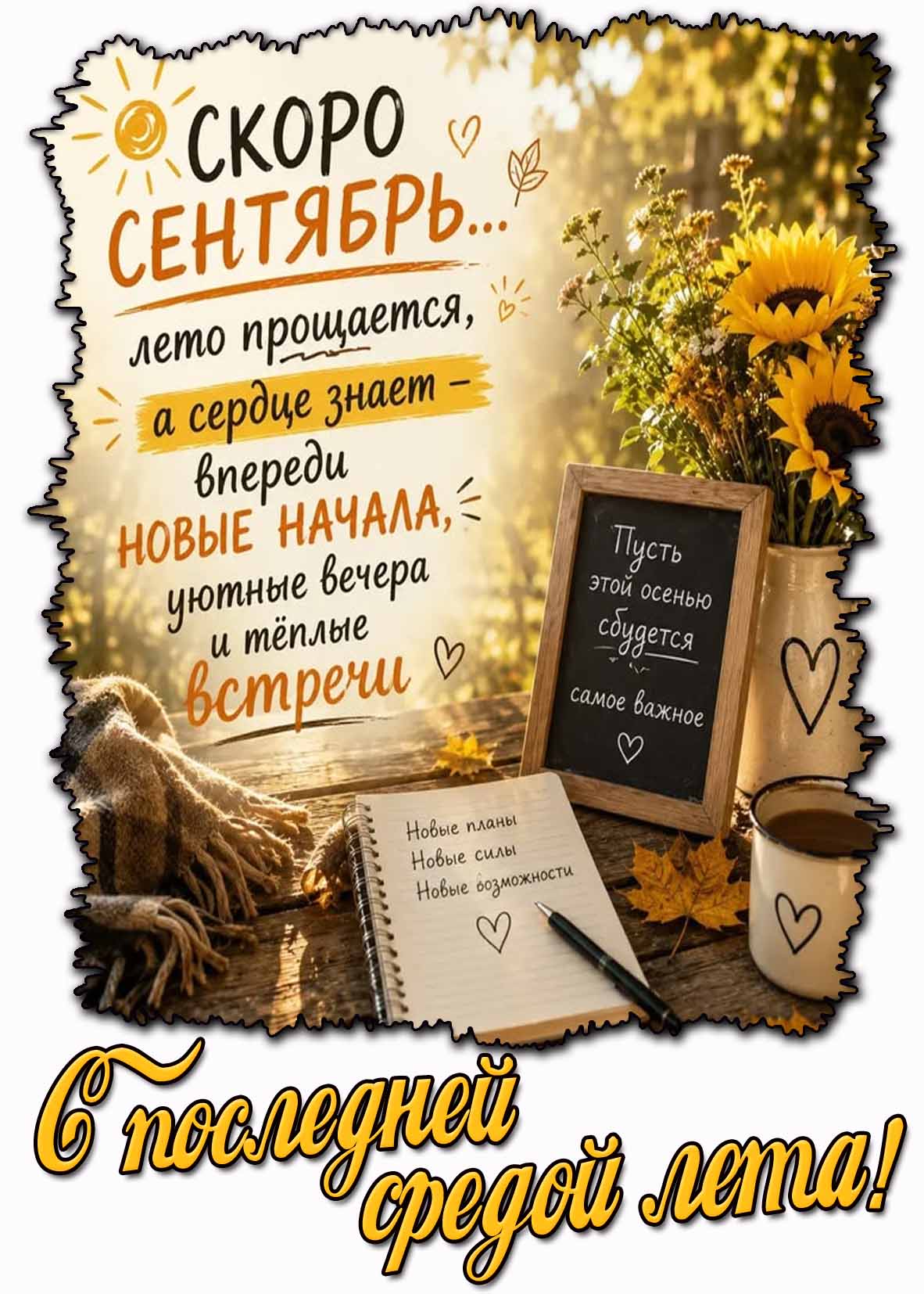Открытка "С последней средой лета! Скоро сентябрь! Лето прощается, а сердце знает - впереди новые начала, уютные вечера и тёплые встречи!"
