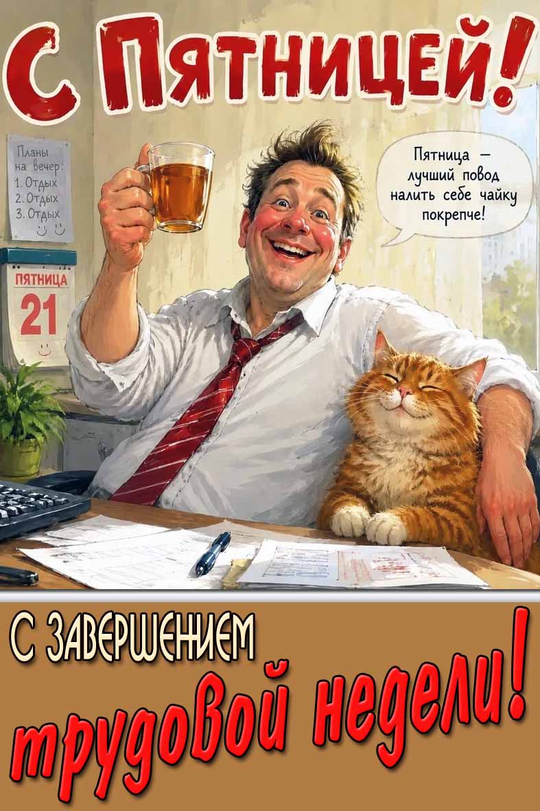 Открытка "С пятницей! Пятница - лучший повод налить себе чайку! С завершением трудовой недели!"
