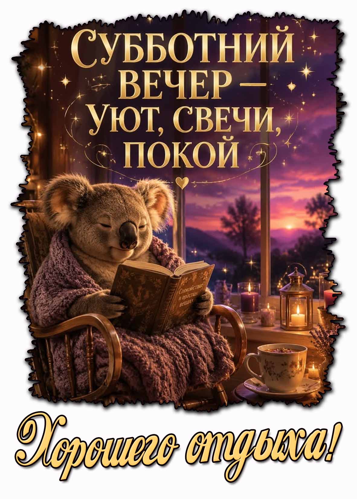 Красивая открытка с коалой кресле-качалке под пледом с книгой, чашкой чая, свечой на окне на фоне волшебного заката и надписью : Субботний вечер - уют, свечи, покой! Хорошего отдыха!