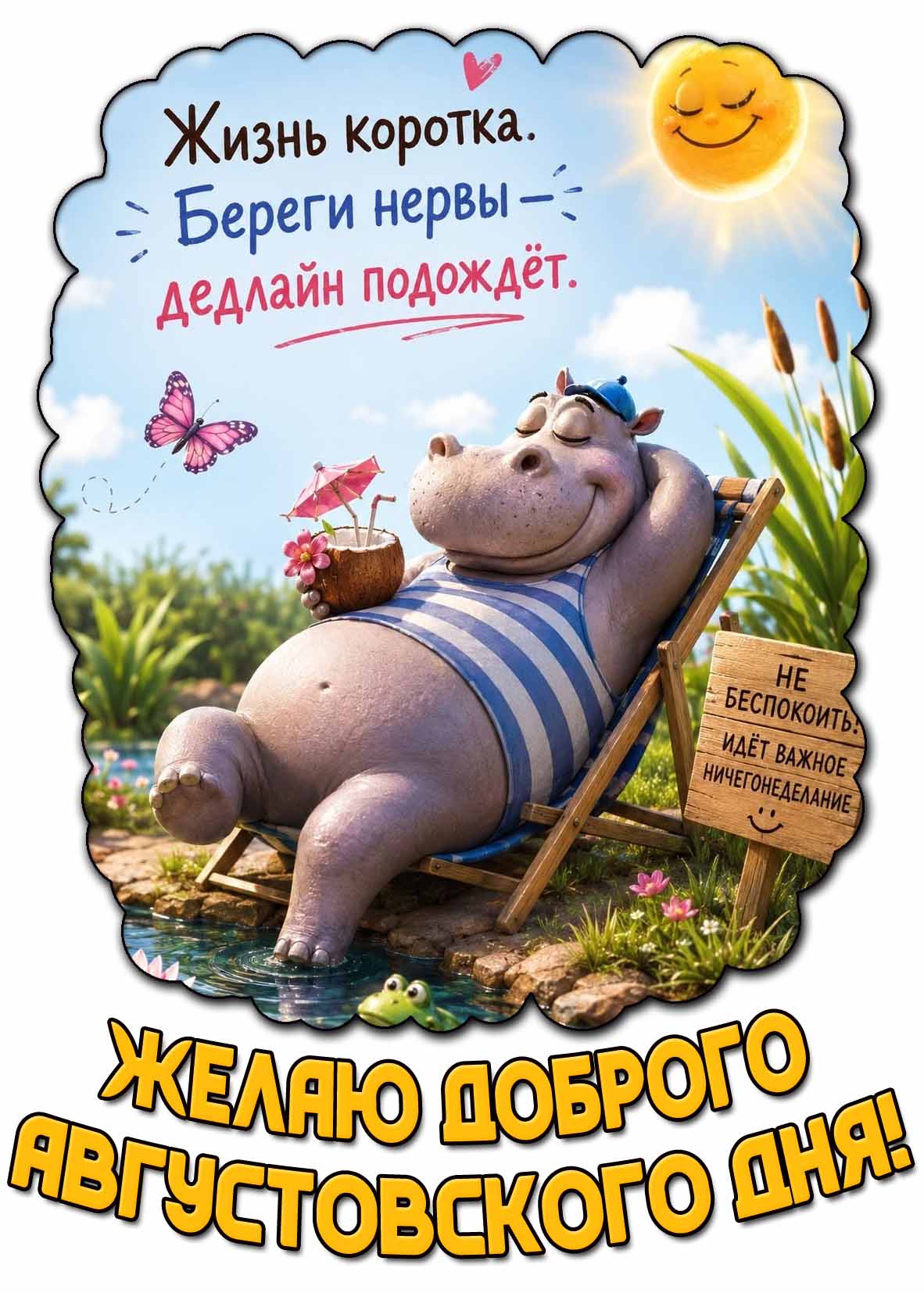 Открытка "Желаю доброго августовского дня! Жизнь коротка! Берегите нервы - дедлайн подождёт! Не беспокоить! Идёт важно ничегонеделание!"