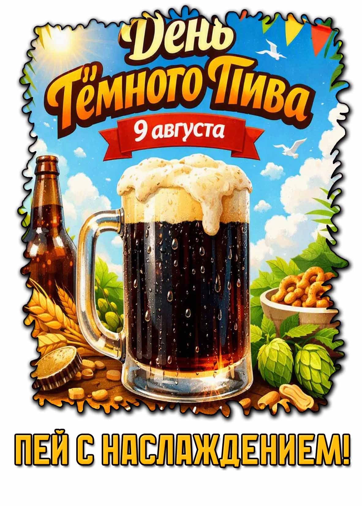 Открытка 9 августа - день тёмного пива! Пей с наслаждением!