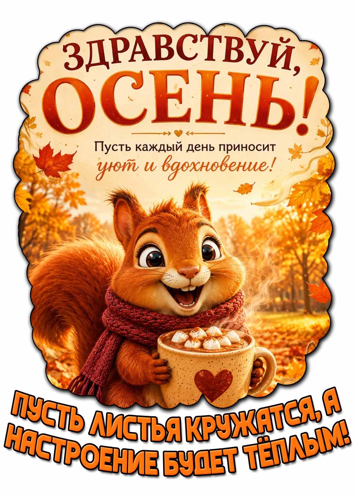 Прикольная картинка "Здравствуй, осень! Пусть каждый день приносит уют и вдохновение! Пусть листья кружатся, а настроение будет тёплым!"