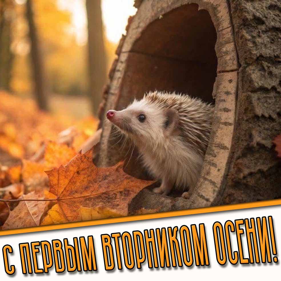 С первым вторником осени! - открытка с ёжиком