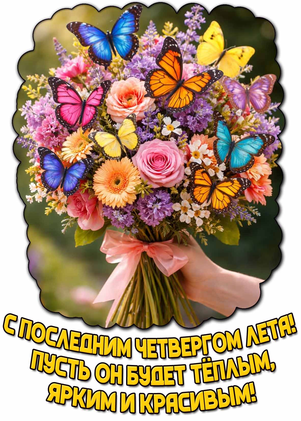 Картинка с красивым букетом из цветов и бабочек, чтобы поздравить : С последним четвергом лета! Пусть он будет тёплым, ярким и красивым!