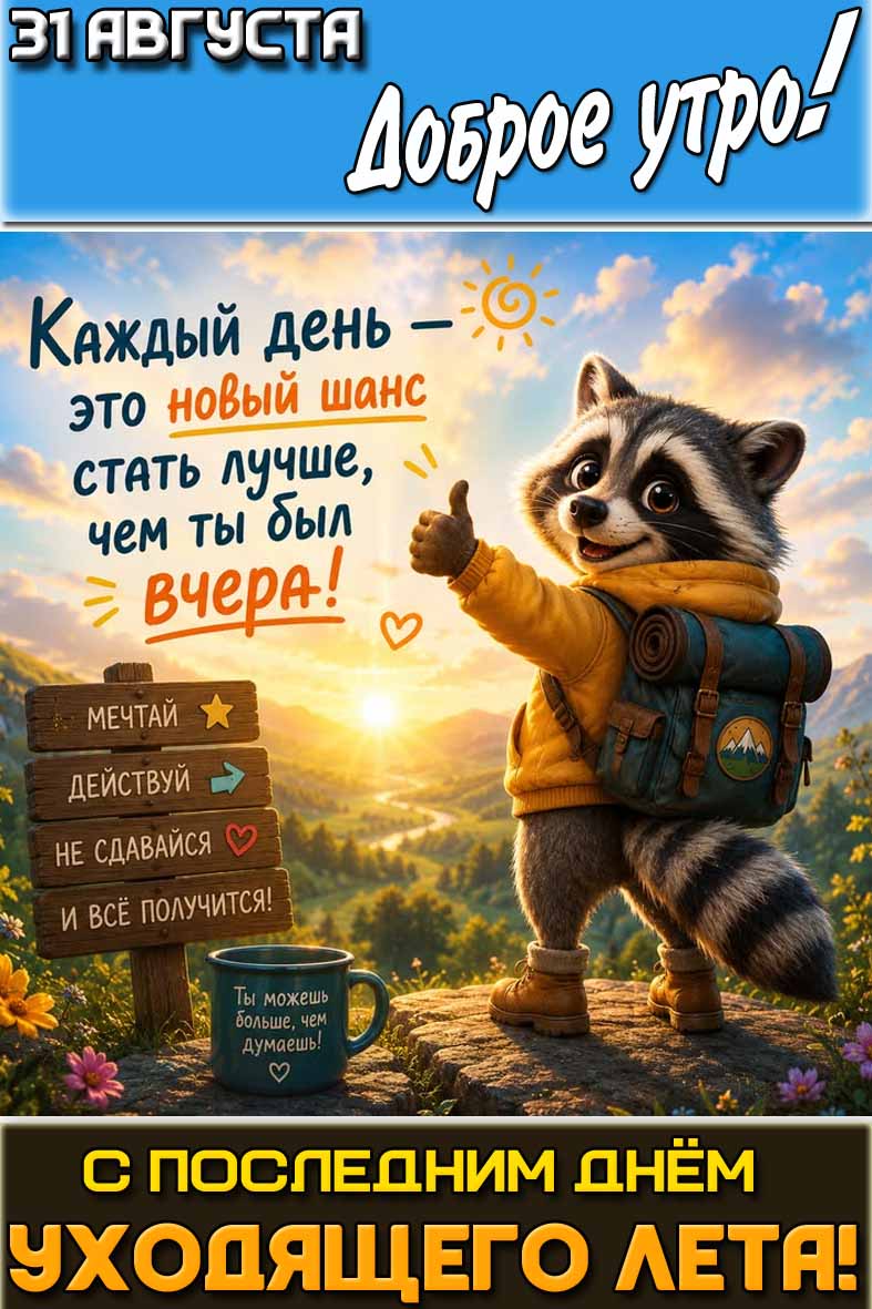Картинка "31 августа доброе утро! С последним днём уходящего лета! Каждый день это новый шанс стать лучше, чем ты был вчера!"
