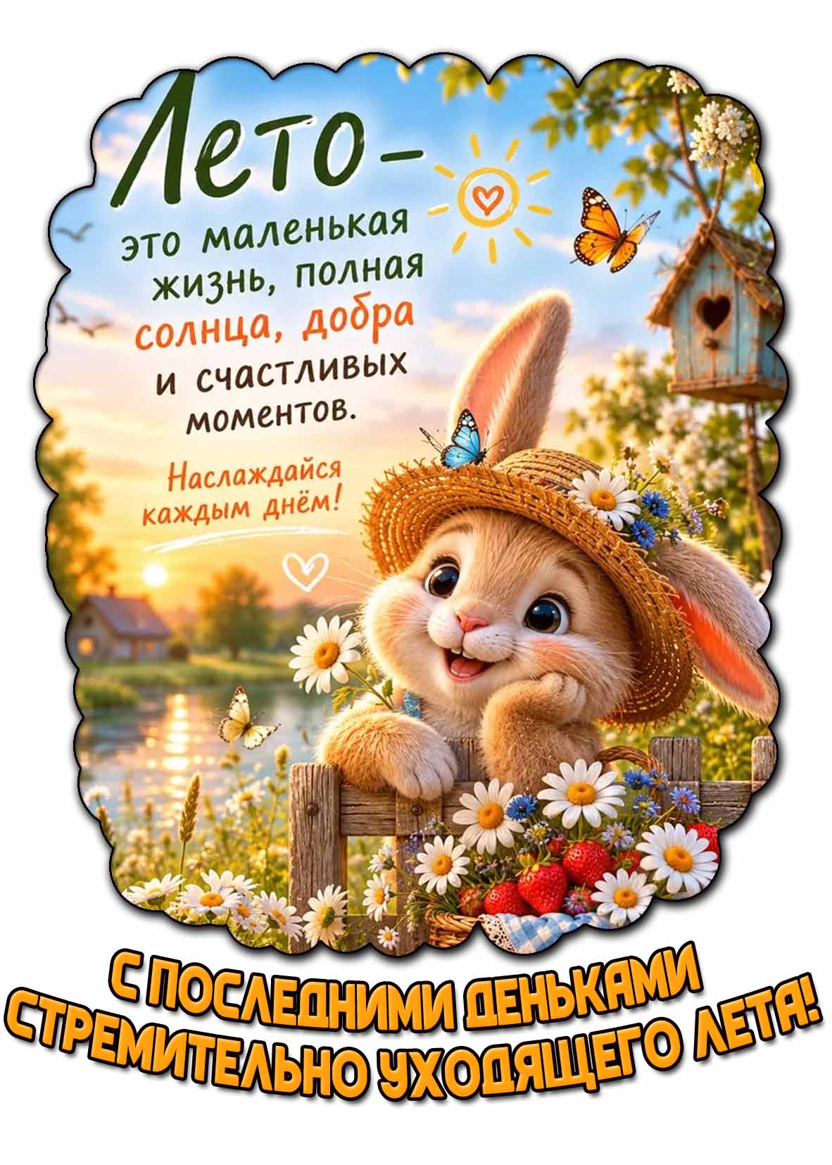 Открытка "С последними деньками стремительно уходящего лета! Лето - это маленькая жизнь, полная солнца, добра и счастливых моментов! Наслаждайся каждым днём!"