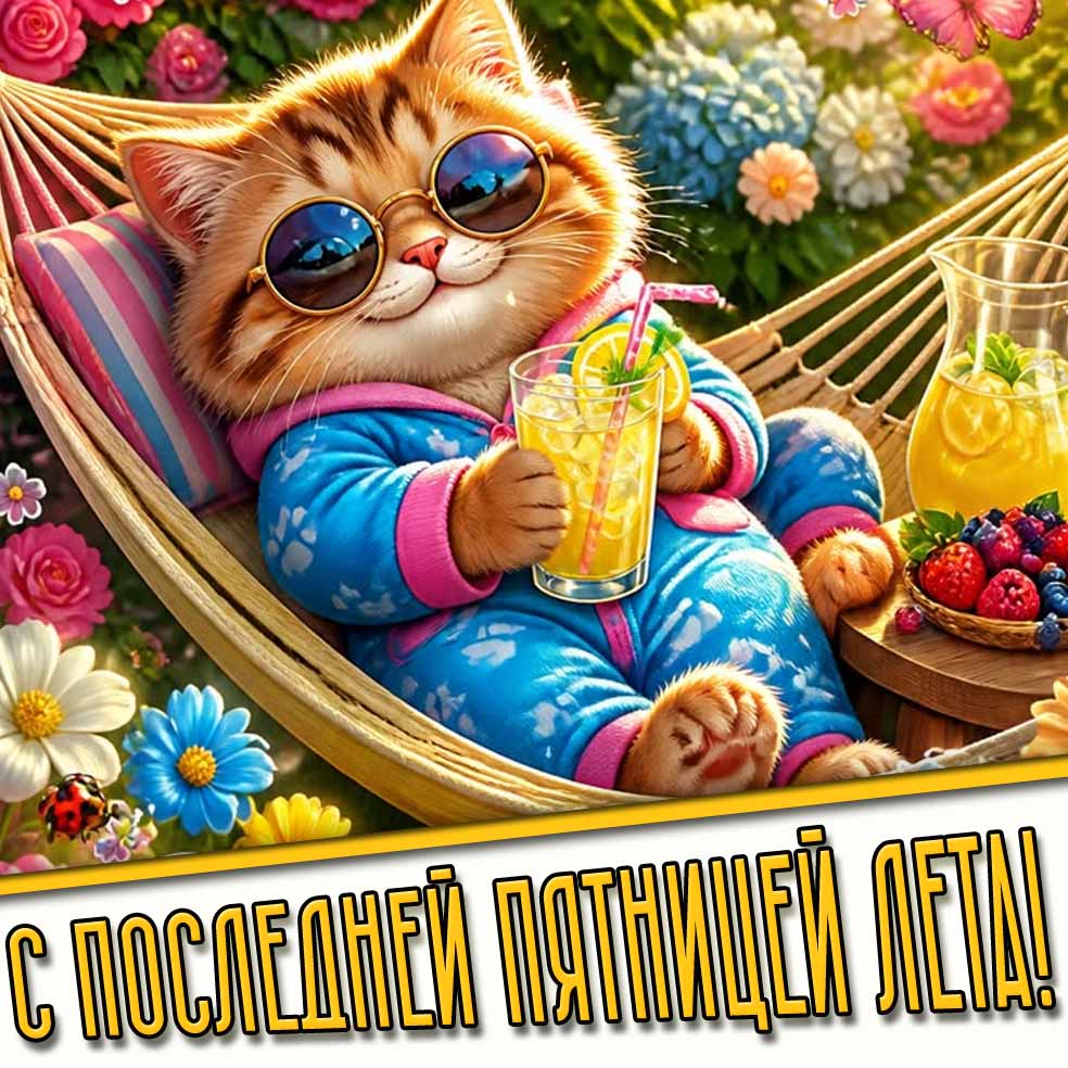 Прикольная открытка с котом "С последней пятницей лета!"