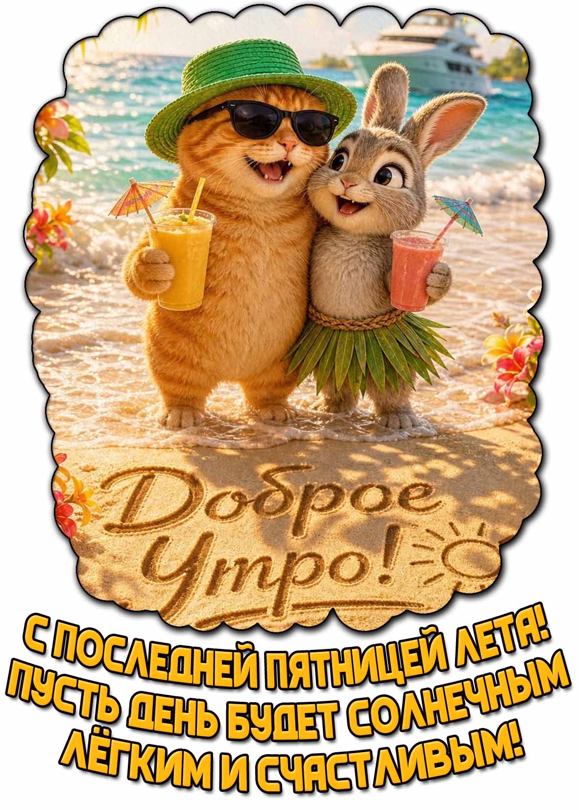 Картинка с прикольными котиком с зайчиком с коктейлями на пляже у моря и надписью : Доброе утро! С последней пятницей лета! Пусть день будет солнечным, лёгким и счастливым! Картинка "Доброе утро! С последней пятницей лета! Пусть день будет солнечным, лёгким и счастливым!"