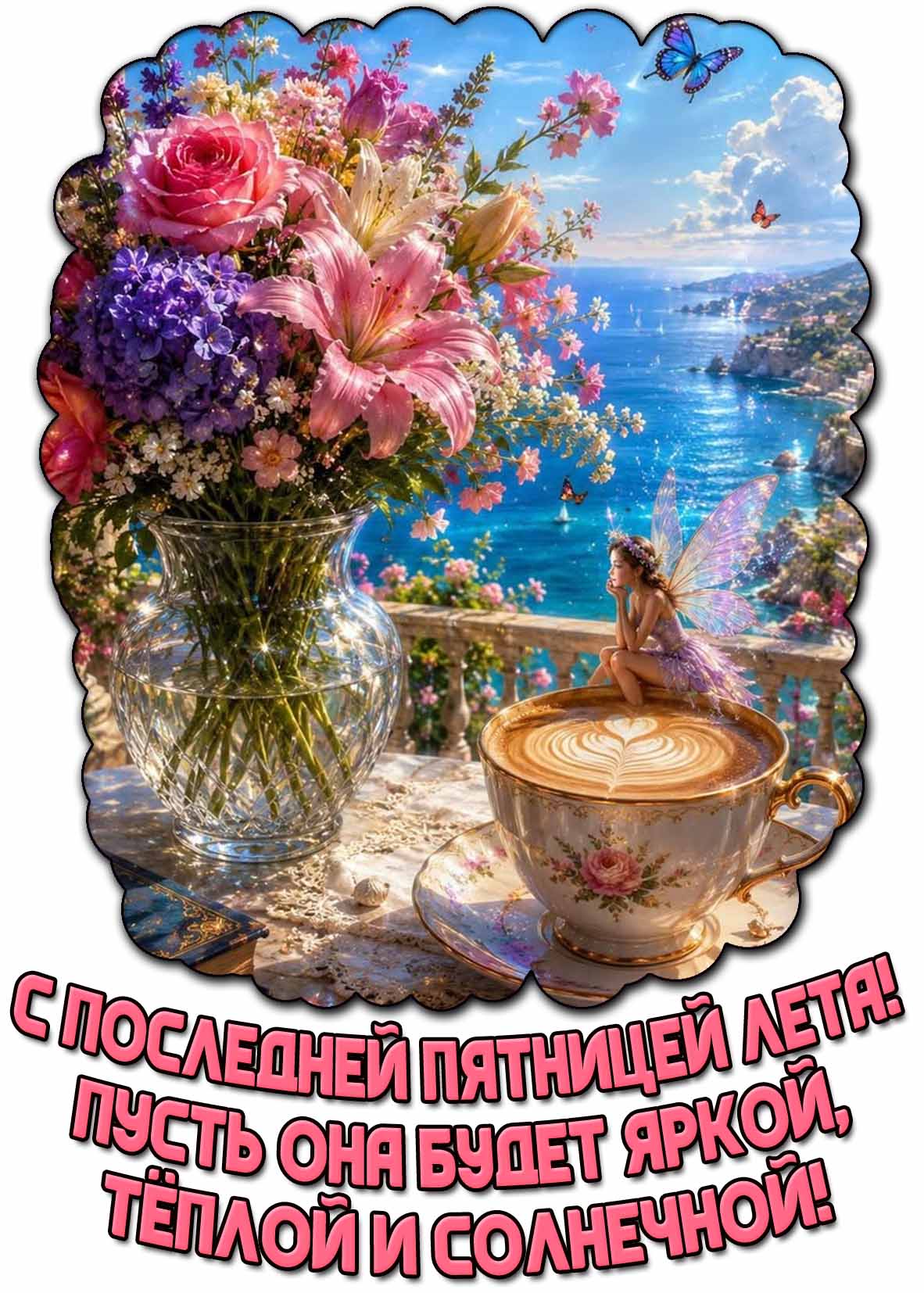 Красивая открытка "С последней пятницей лета! Пусть она будет яркой, тёплой и солнечной!"