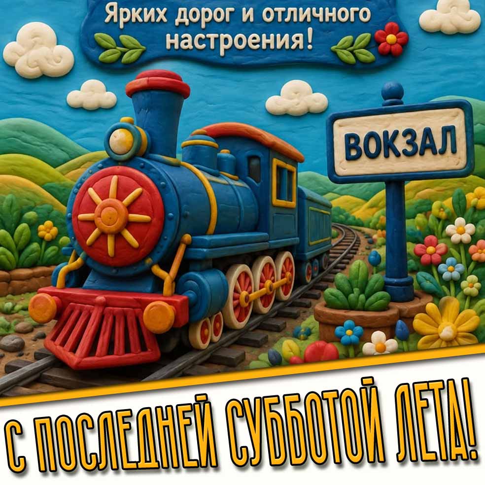 Креативная открытка с паровозиком в стиле пластилинового мультфильма, чтобы оригинально поздравить : С последней субботой лета! Ярких дорог и отличного настроения! Открытка "С последней субботой лета! Ярких дорог и отличного настроения!"