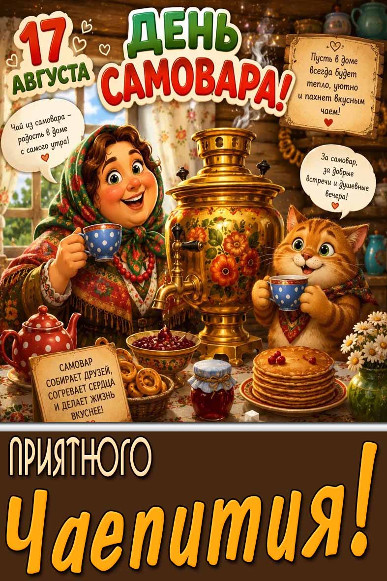 Поздравительная открытка на 17 августа - день самовар! Приятного чаепития!