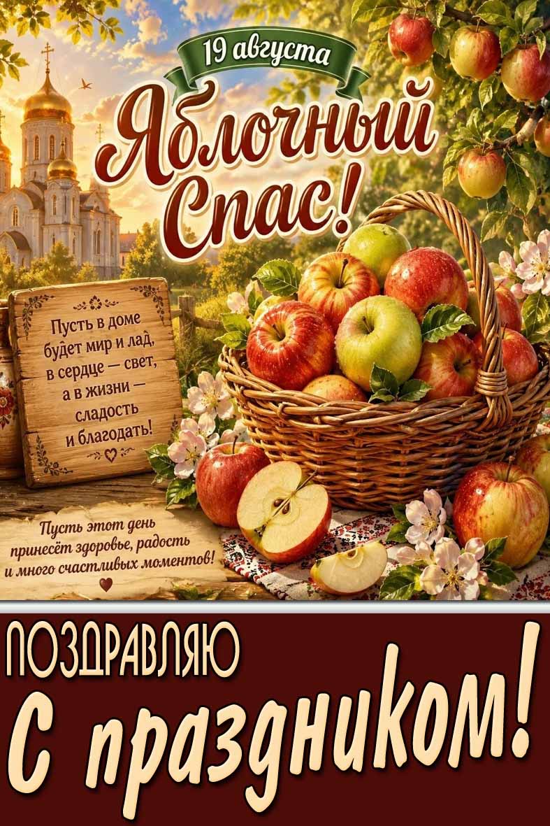Поздравительная открытка на Яблочный Спас! С праздником! - 19 августа