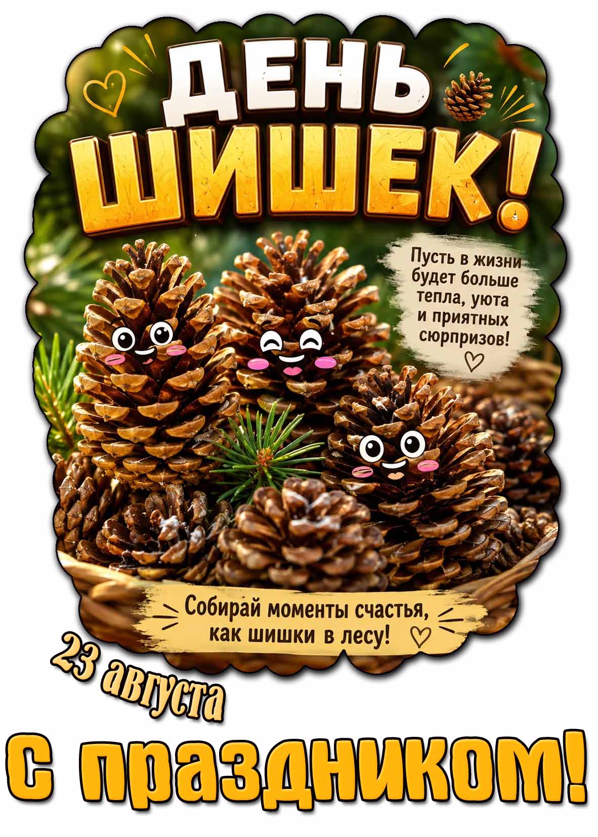 Поздравительная открытка на 23 августа - день шишек! С праздником!
