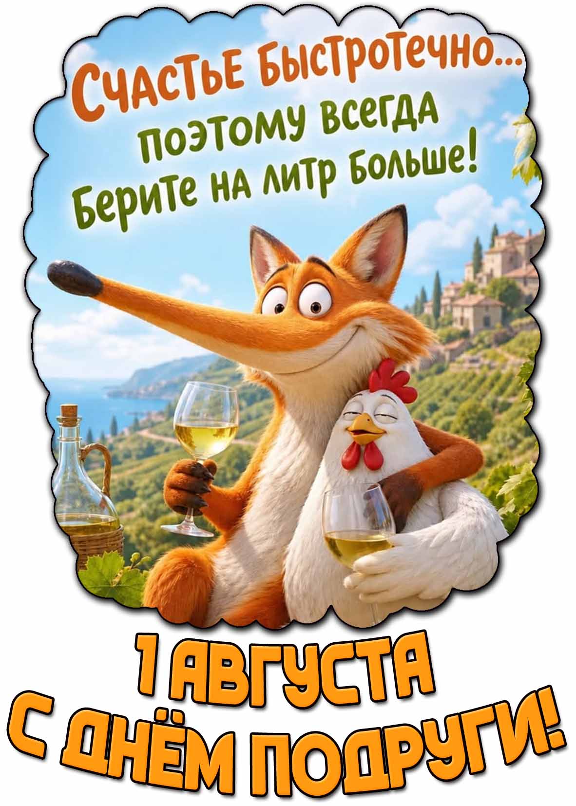 Прикольная картинка "1 августа - с днём подруги! Счастье быстротечно... Поэтому всегда берите на литр больше!"