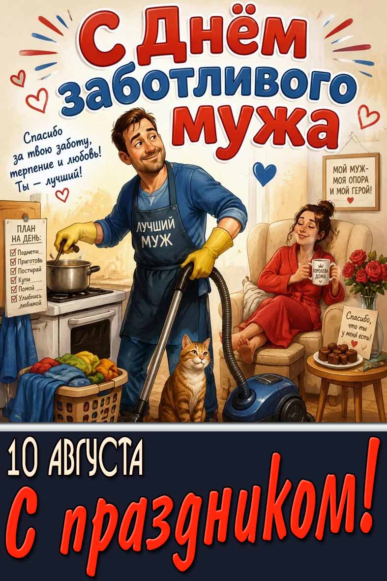 Прикольная картинка 10 августа - с днём заботливого мужа! Спасибо за твою заботу, терпение любовь! Ты лучший! С праздником!