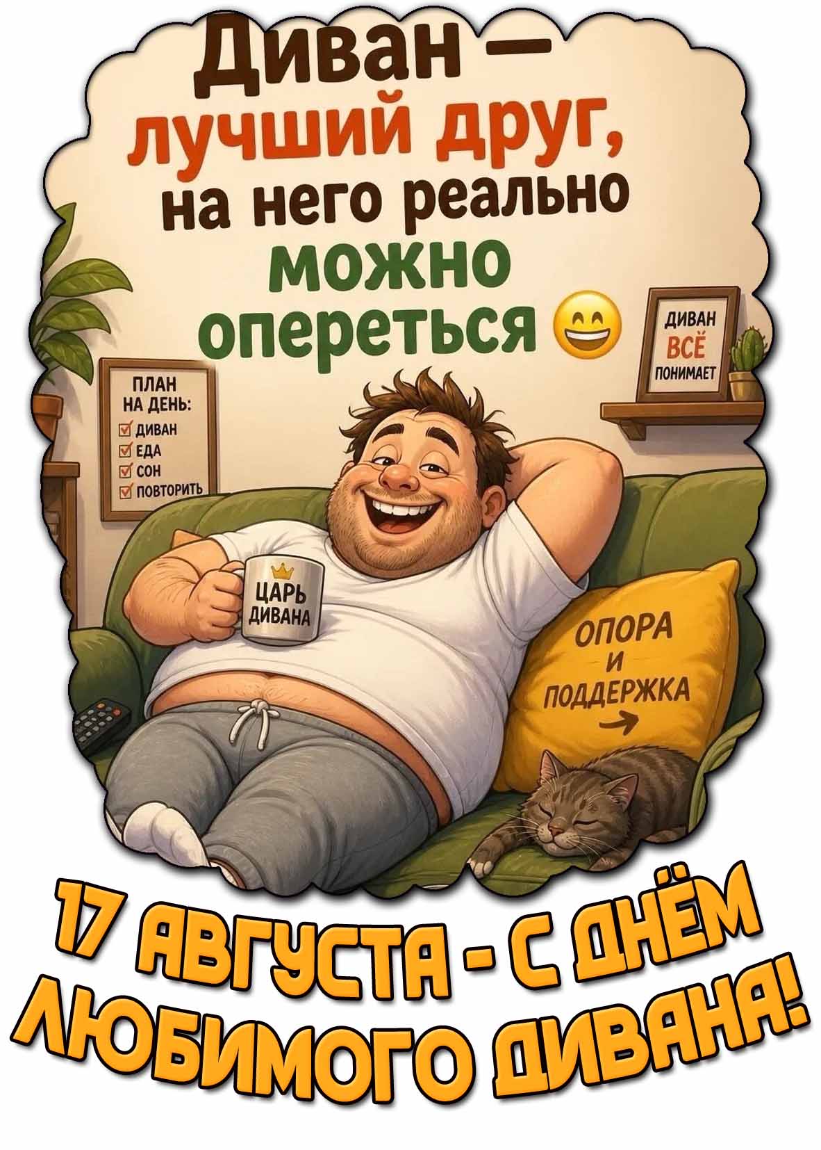 Прикольная картинка 17 августа - с днём любимого дивана! Диван - лучший друг, на него реально можно опереться!