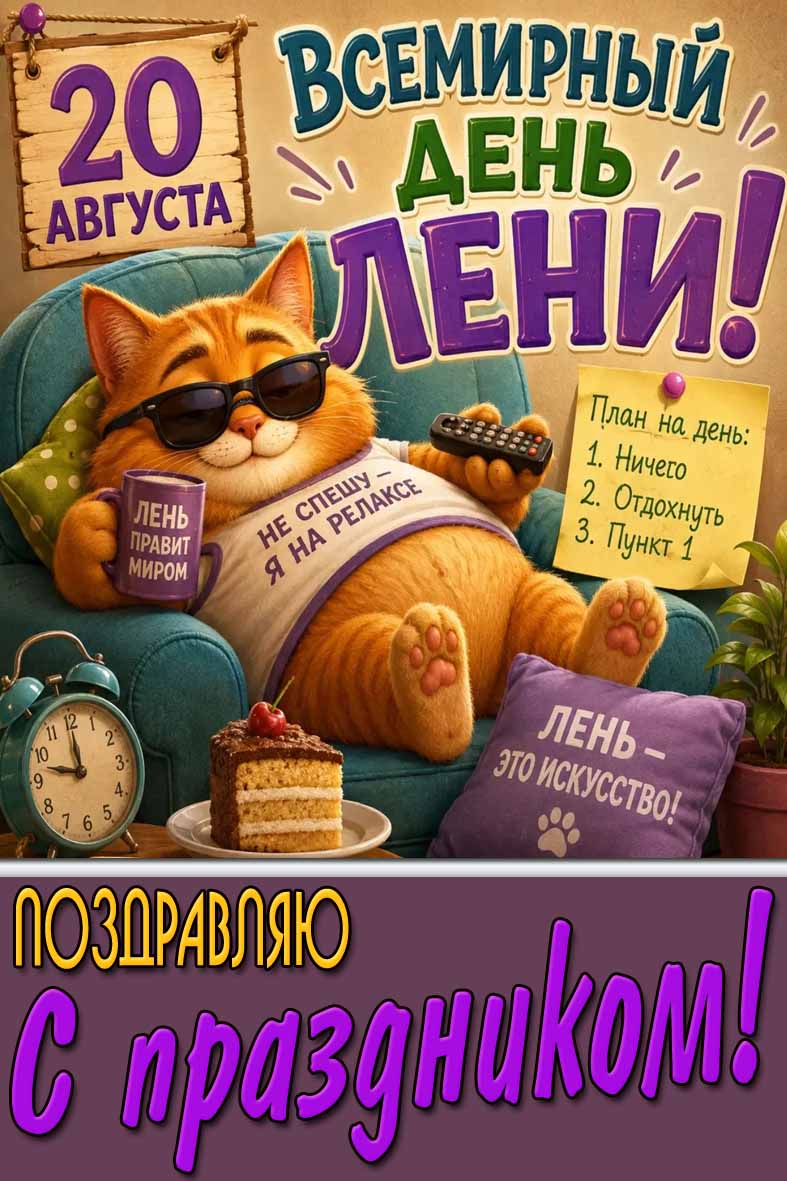 Прикольная картинка 20 августа - Всемирный день лени! Поздравляю с праздником!