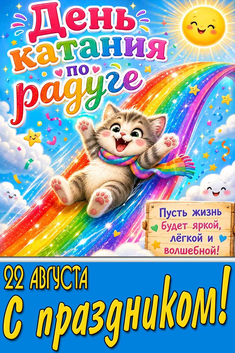 Прикольная картинка 22 августа - день катания по радуге! Пусть жизнь будет яркой, лёгкой и волшебной! С праздником!