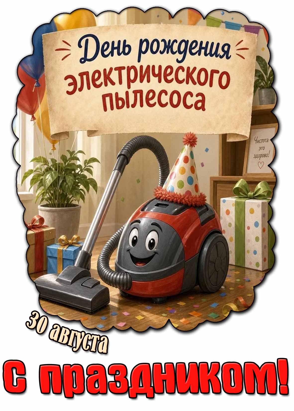 Прикольная картинка 30 августа - день рождения электрического пылесоса! С праздником!