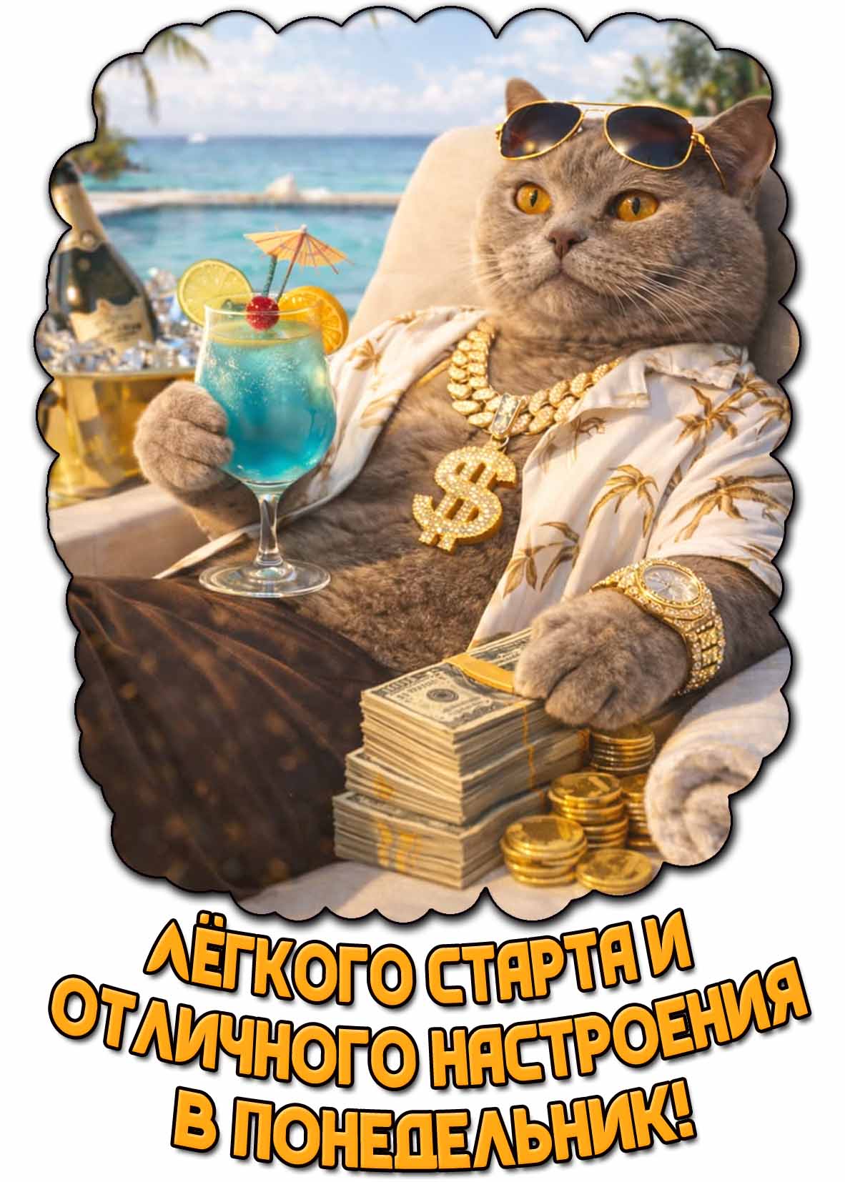 Картинка с прикольным котом с кучей денег, коктейлем на фоне моря и надписью : Лёгкого старта и отличного настроения в понедельник! Прикольная картинка "Лёгкого старта и отличного настроения в понедельник!"