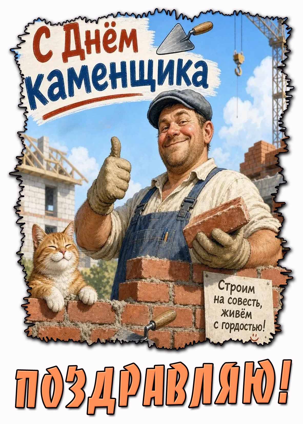 Прикольная картинка "С днём каменщика! Строим на совесть, живём с гордостью! Поздравляю!"