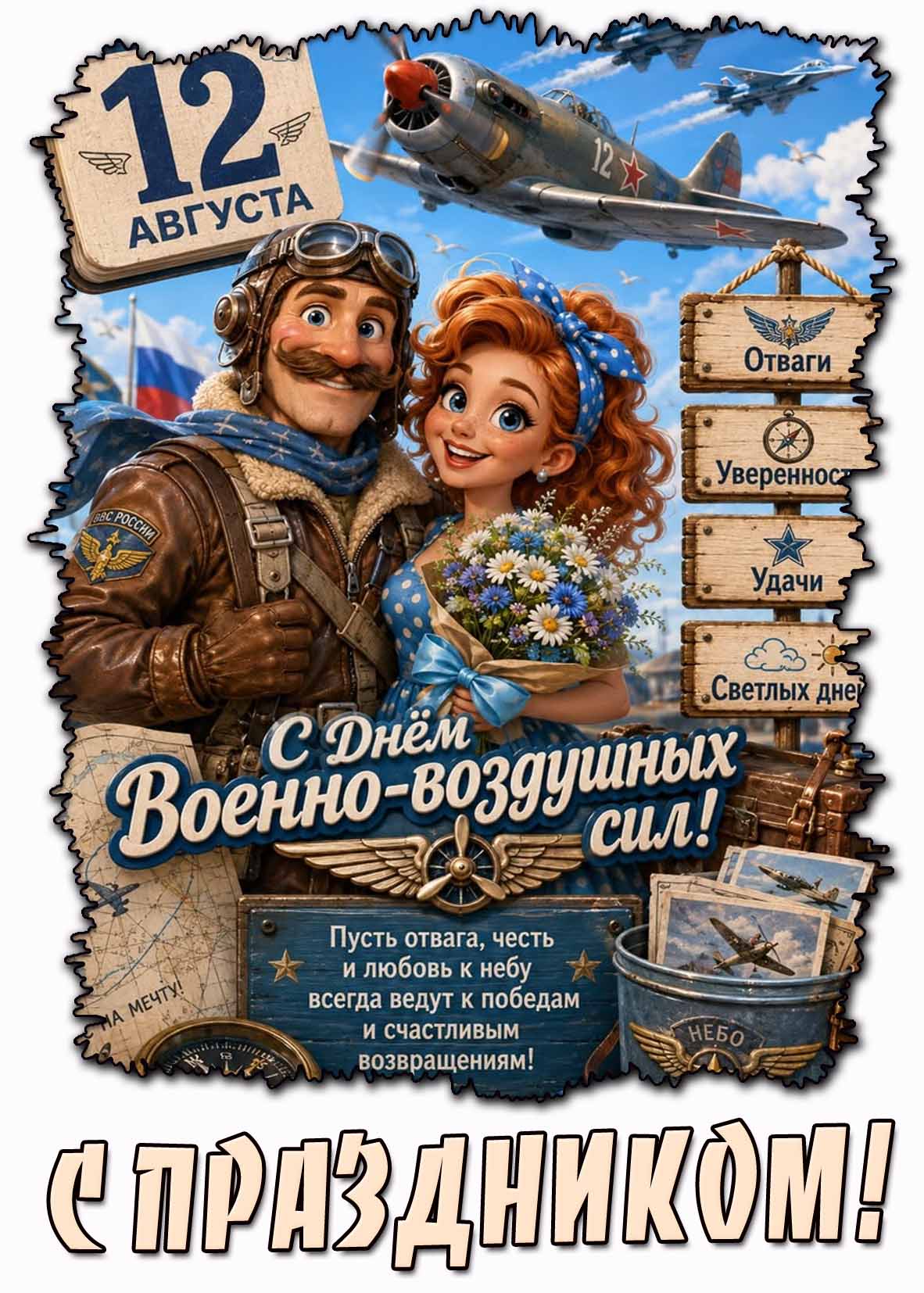 Прикольная картинка "С днём Военно-воздушных сил! Отваги! Уверенности! Удачи! Светлых дней! С праздником!" - 12 августа