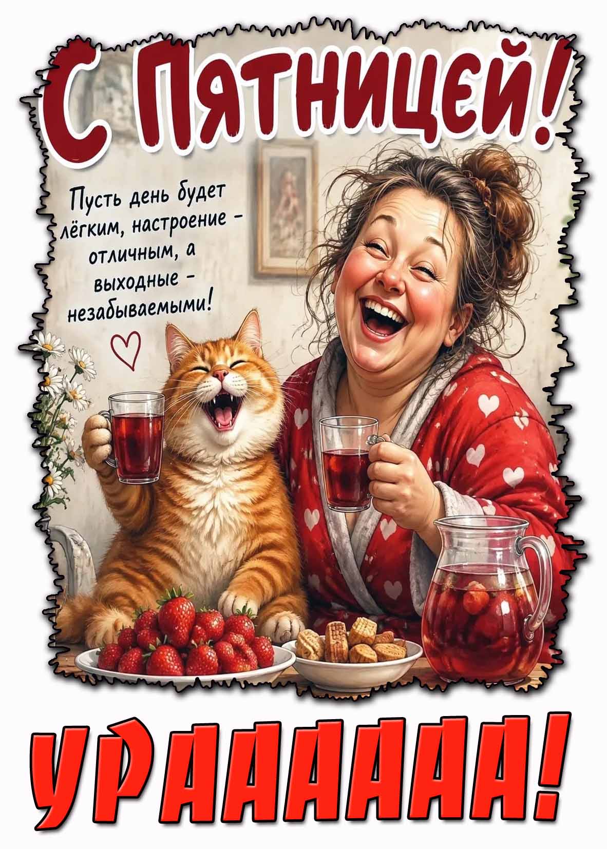 Прикольная картинка "С пятницей! Пусть день будет лёгким, настроение - отличным, а выходные - незабываемыми! Ураааааа!"