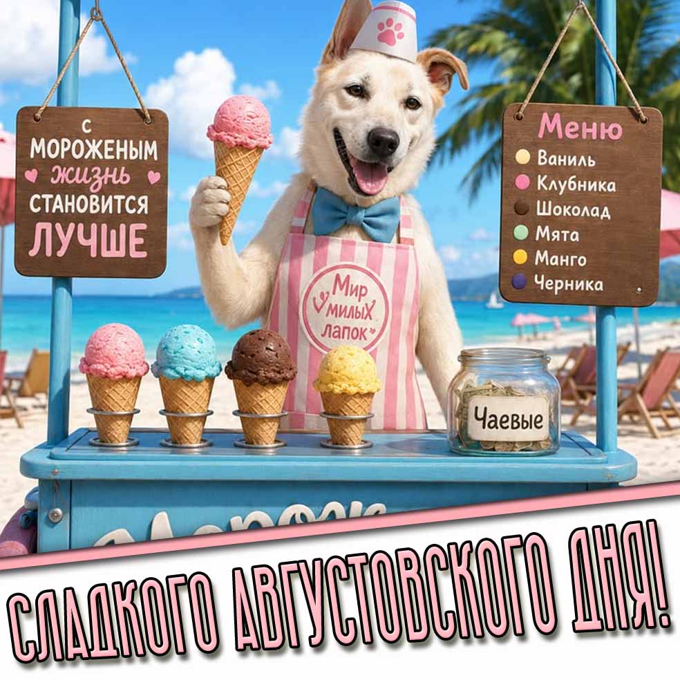 Прикольная картинка "Сладкого августовского дня! С мороженым жизнь становится лучше!"