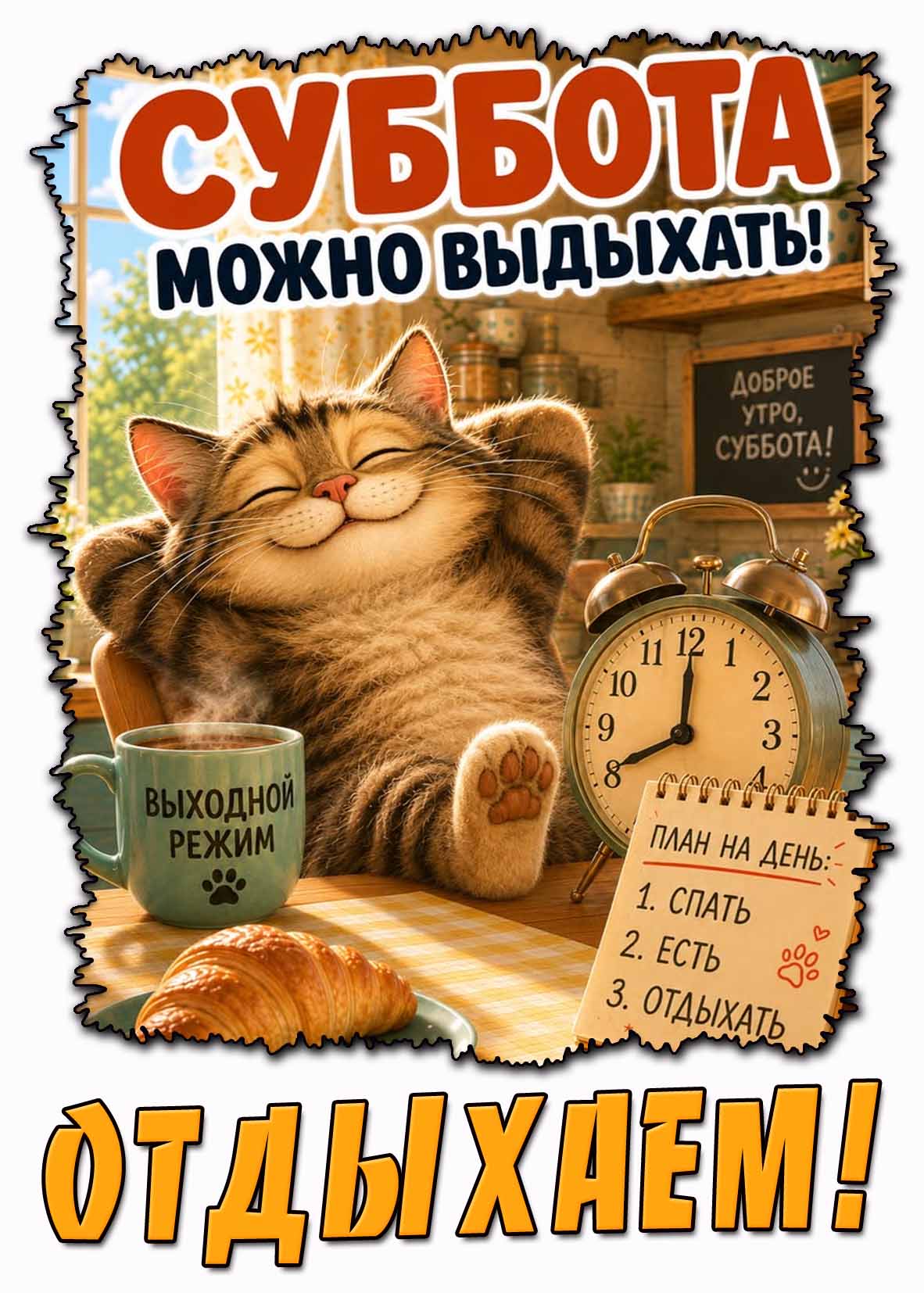 Прикольная картинка "Доброе утро, суббота! Суббота - можно выдыхать! Выходной режим! Отдыхаем!"
