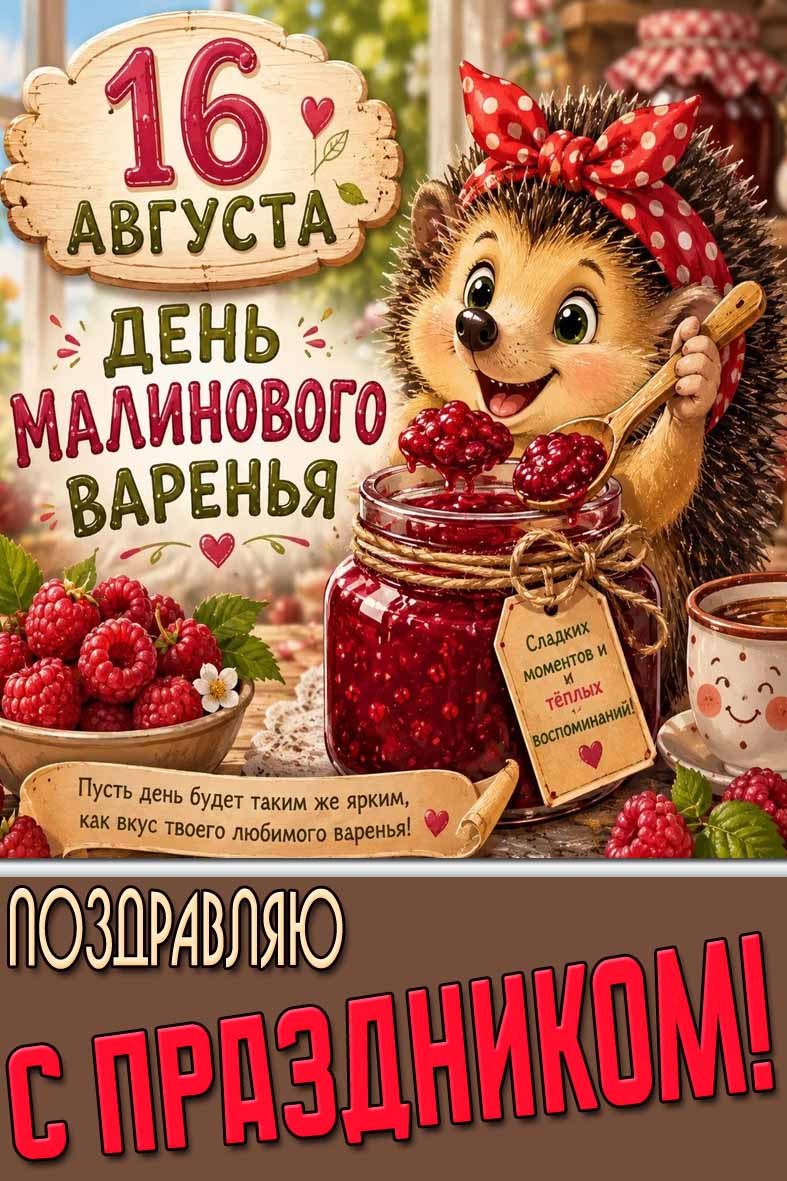 Прикольная открытка 16 августа - день малинового варенья! Поздравляю с праздником!