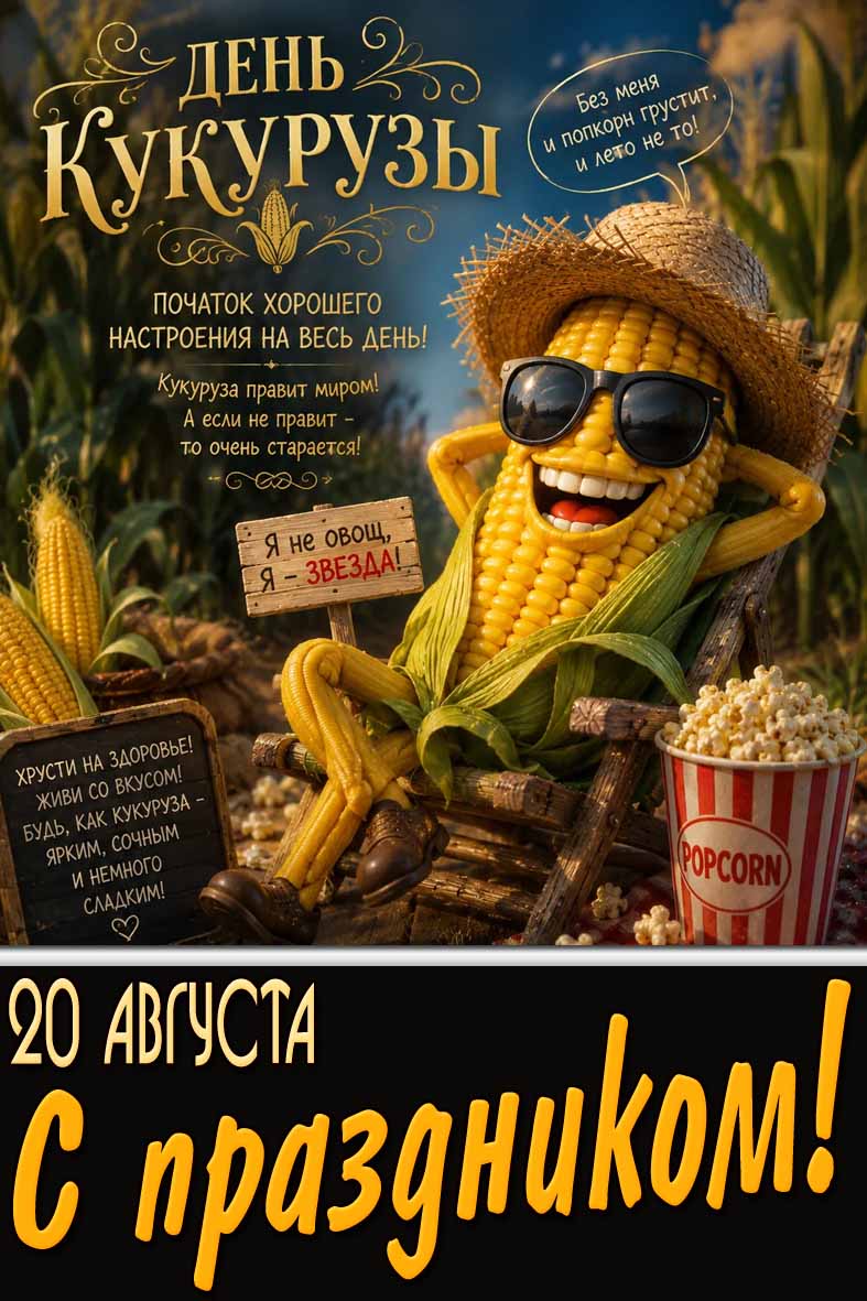 Открытка с прикольным мультяшным початком к 20 августа - с днём кукурузы! С праздником! Початок хорошего настроения на весь день! Без меня и попкорн грустит, и лето не то! Прикольная открытка 20 августа - с днём кукурузы! С праздником!