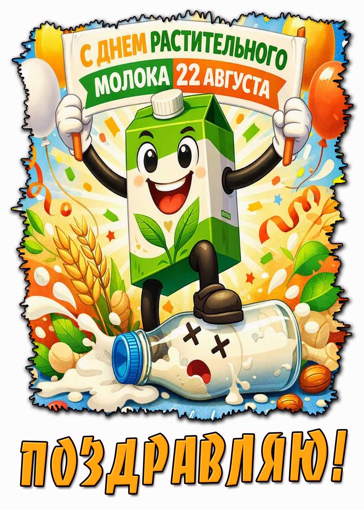 Прикольная открытка 22 августа - с днём растительного молока! Поздравляю!