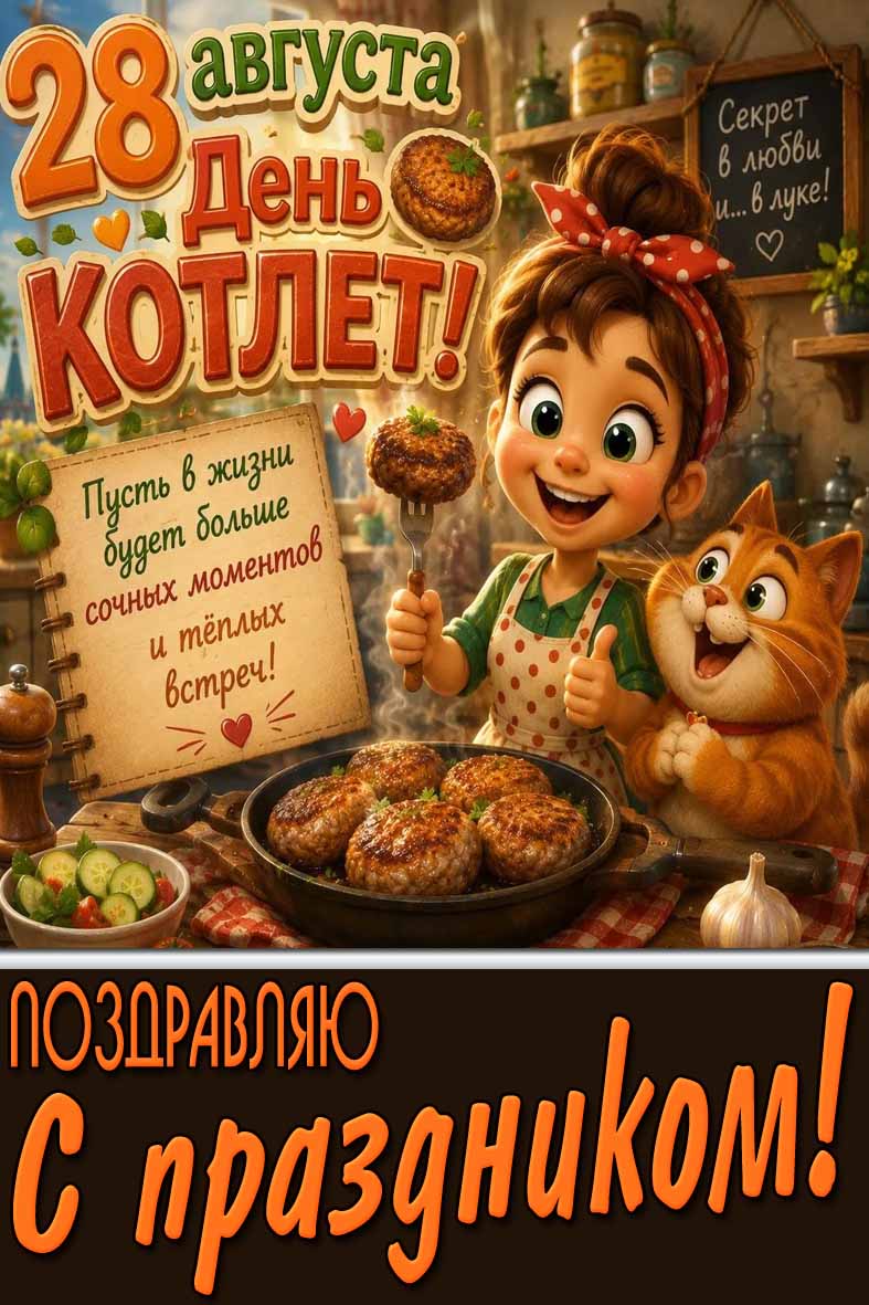 Прикольная открытка 28 августа - день котлет! Поздравляю с праздником!