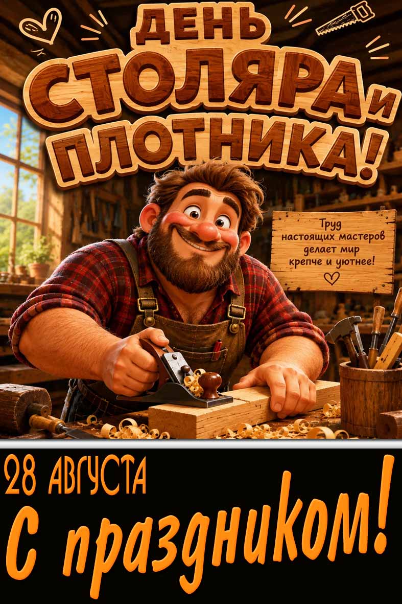 Прикольная открытка 28 августа - день столяра и плотника! Труд настоящих мастеров делает мир крепче и уютнее! С праздником!