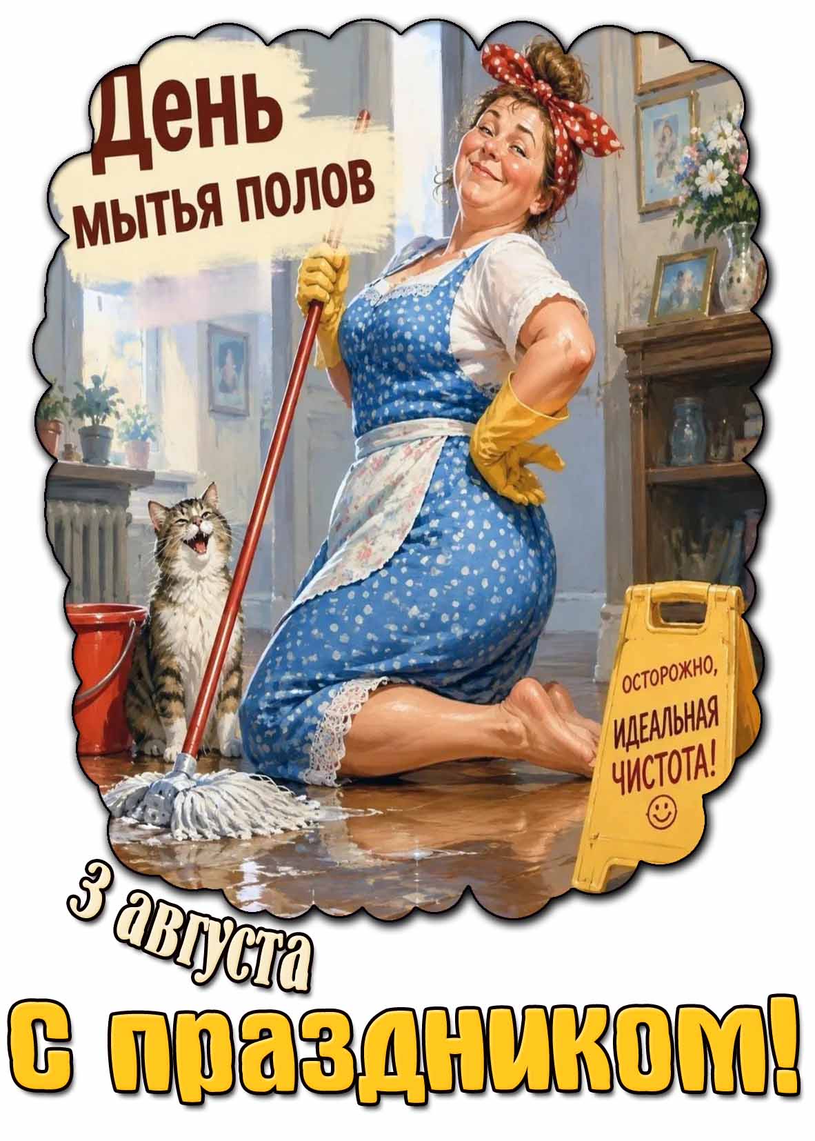 Прикольная открытка 3 августа - день мытья полов! Осторожно, идеальная чистота! С праздником!