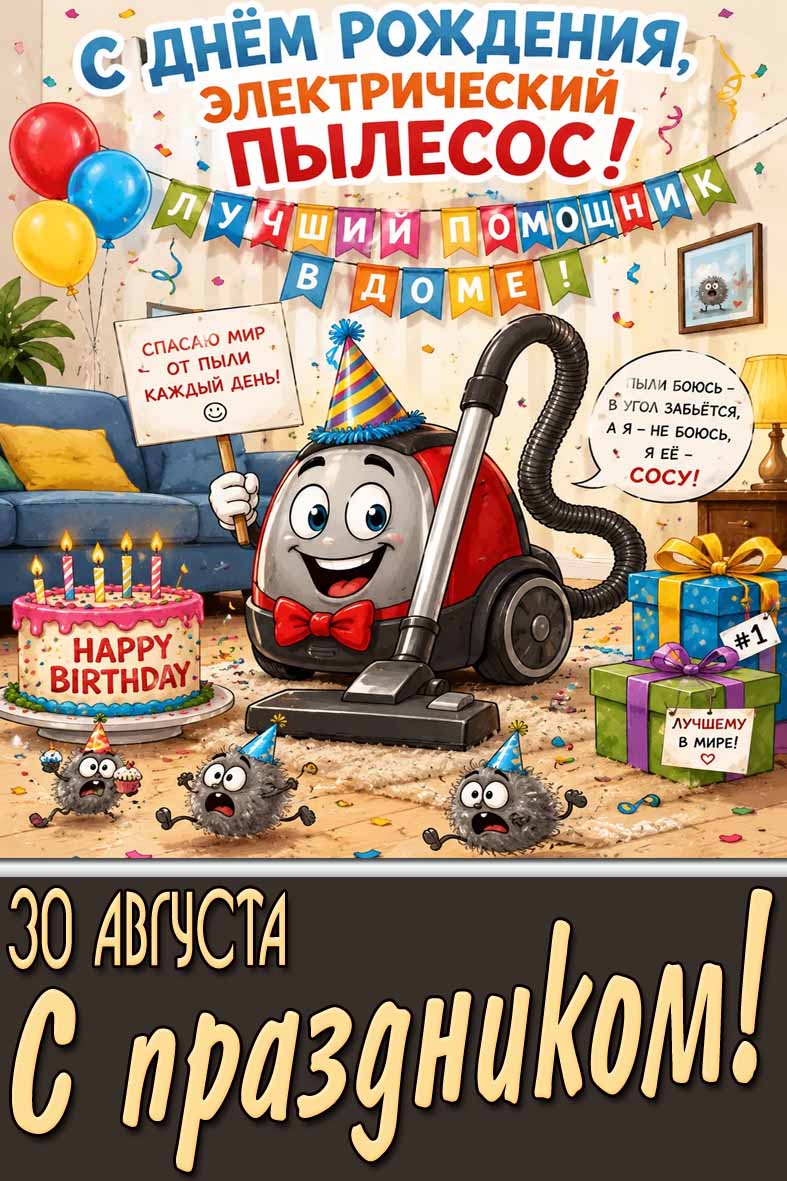 Прикольная открытка 30 августа - с днём рождения, электрический пылесос! С праздником!