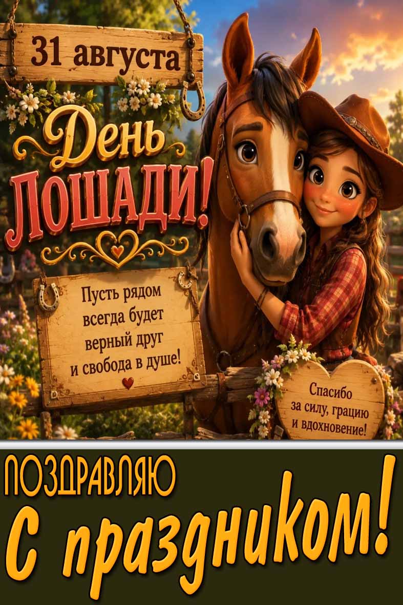 Прикольная открытка 31 августа - день лошади! Поздравляю с праздником! Пусть рядом всегда будет верный друг и свобода в душе!
