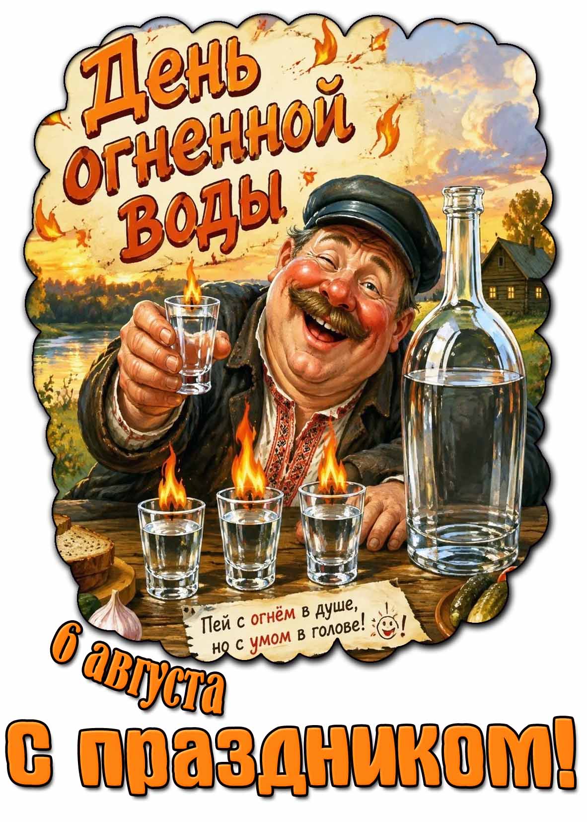 Открытка с прикольным мужичком с горящими стопками спирта к 6 августа - день огненной воды! Пей с огнём в душе, но с умом в голове! С праздником!