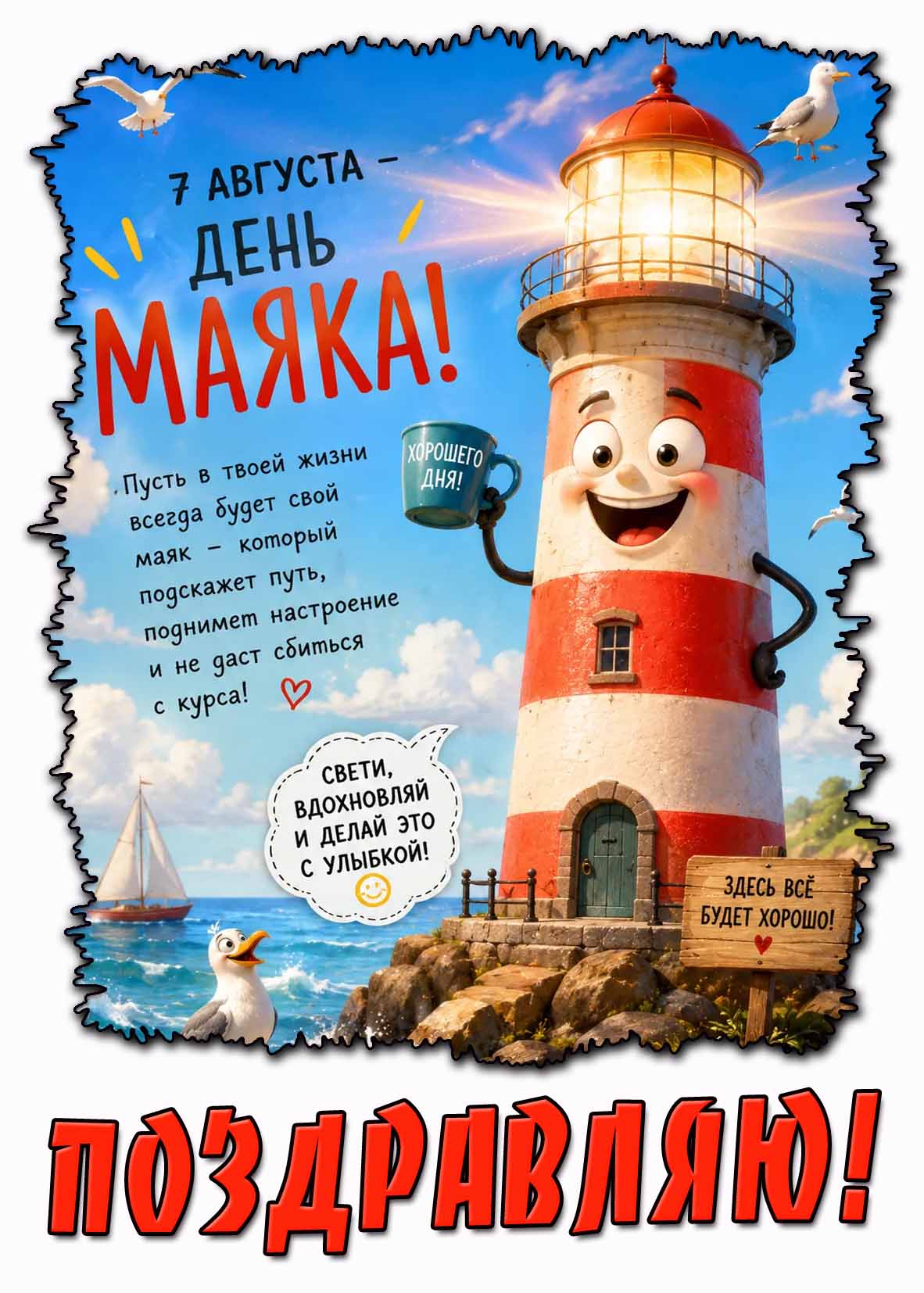 Прикольная открытка "7 августа - день маяка! Пусть в твоей жизни всегда будет маяк - который подскажет путь, поднимет настроение и не даст сбиться с курса! Поздравляю!"