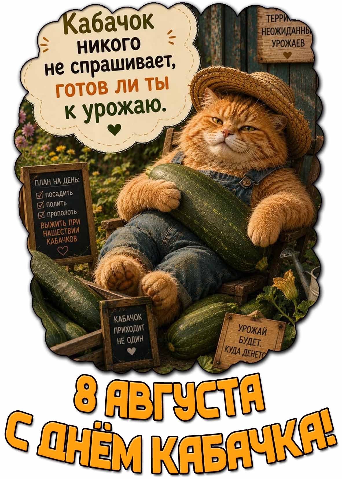 Прикольная открытка "8 августа - с днём кабачка! Кабачок никого не спрашивает, готов ли ты к урожаю!"