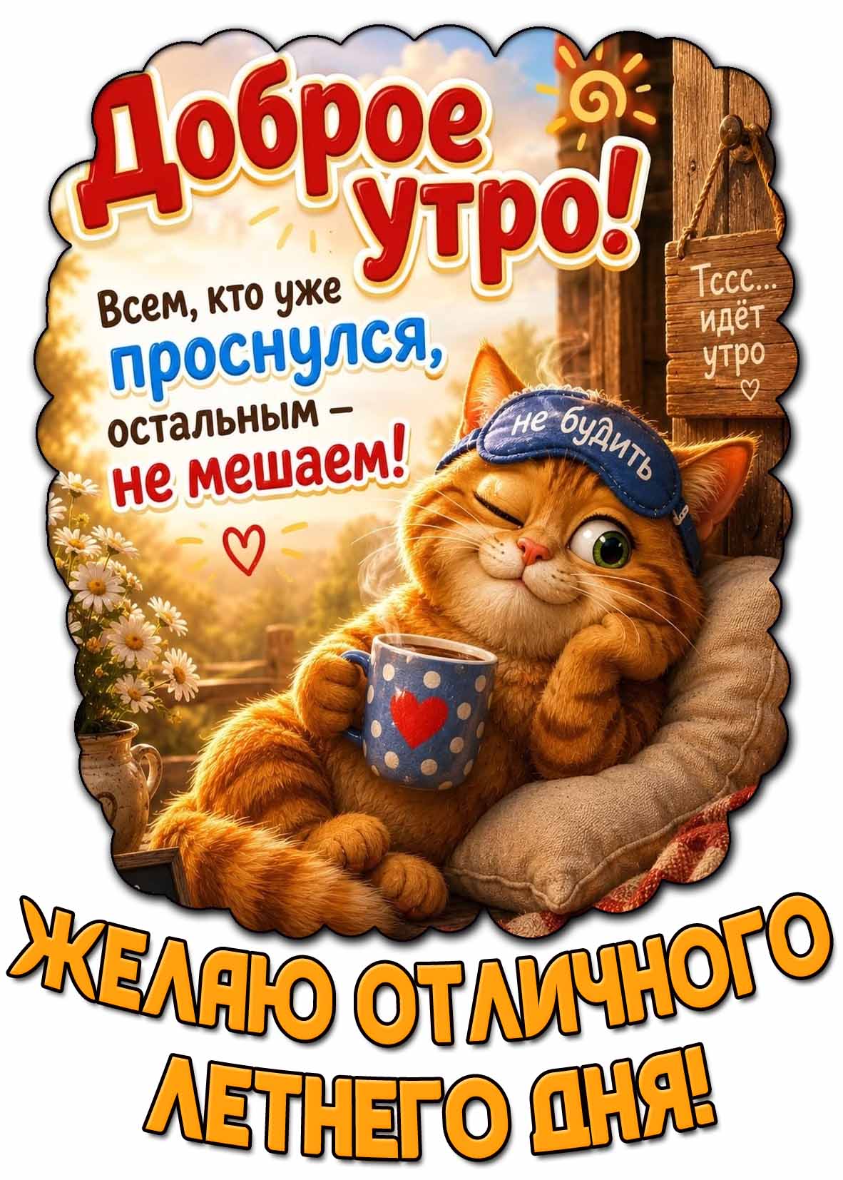 Прикольная открытка "Доброе утро! Всем, кто уже проснулся, остальным - не мешаем! Желаю отличного летнего дня!"