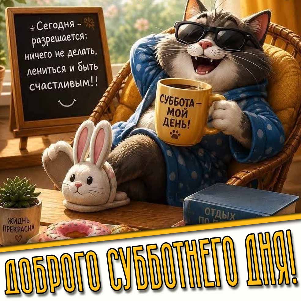 Прикольная открытка "Доброго субботнего дня! Сегодня разрешается ничего не делать, лениться и быть счастливым!"