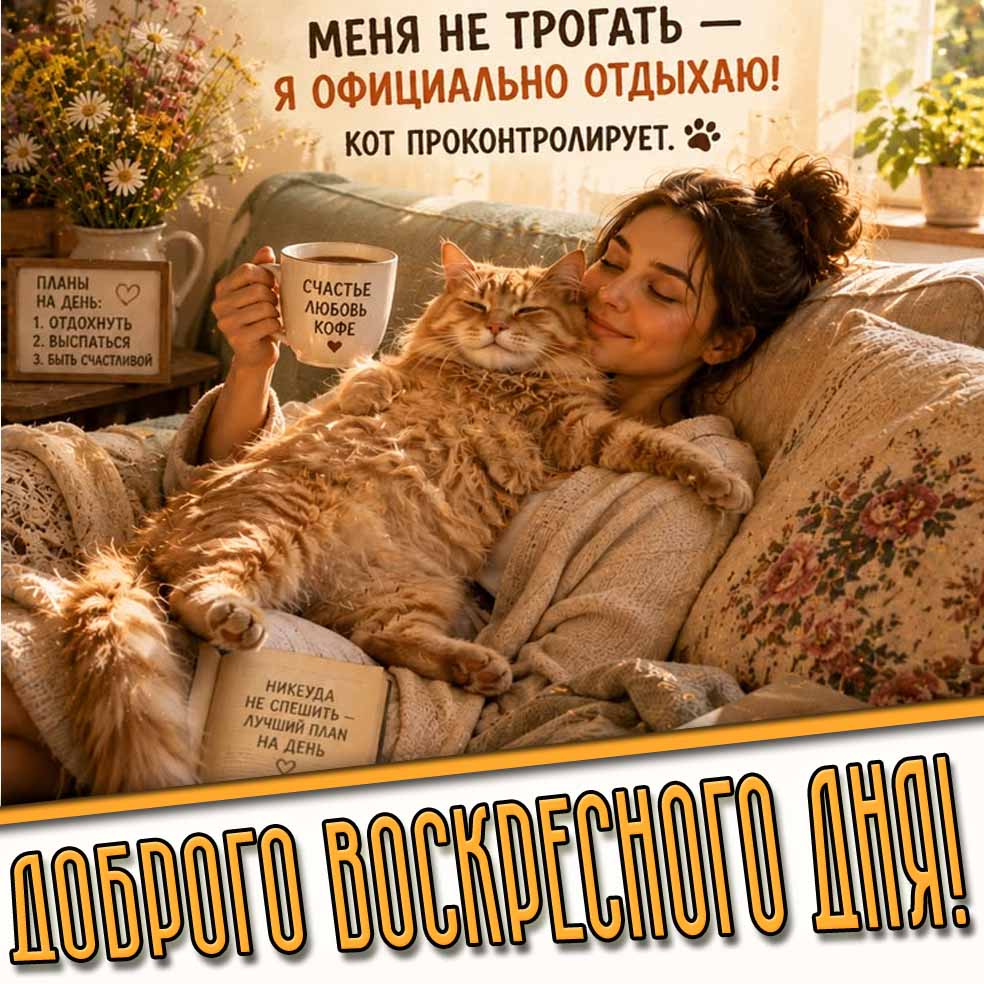 Прикольная открытка "Доброго воскресного дня! Меня не трогать - я официально отдыхаю! Кот проконтролирует!"