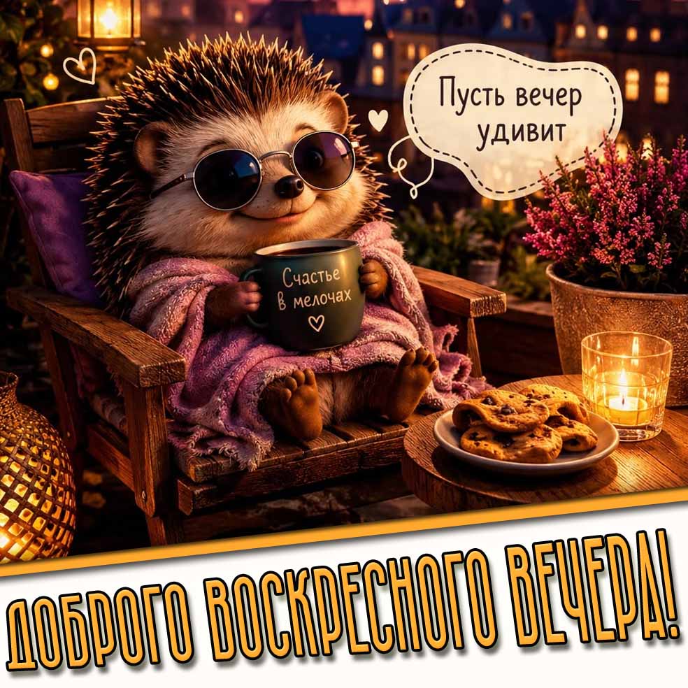 Прикольная открытка "Доброго воскресного вечера! Пусть вечер удивит! Счастье в мелочах!"