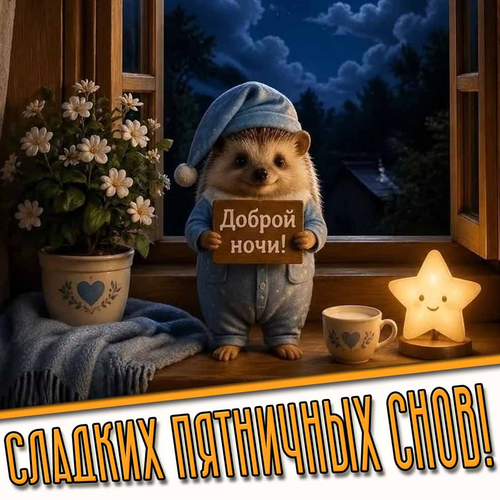Прикольная открытка "Доброй ночи! Сладких пятничных снов!"