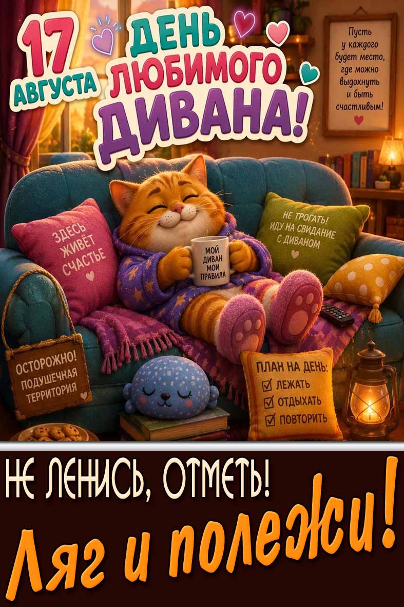 Прикольная открытка на 17 августа - день любимого дивана! Не ленись, отметь! Ляг и полежи!