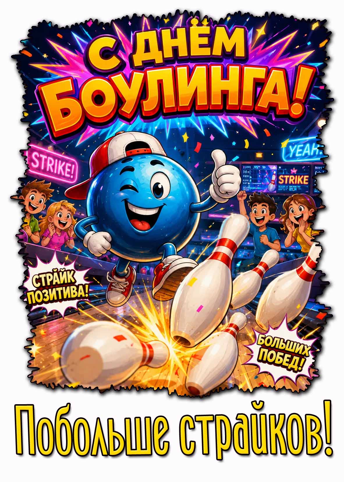 Прикольная открытка "С днём боулинга! Побольше страйков!"