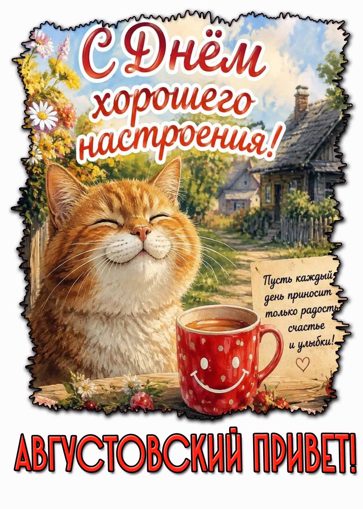 Прикольная открытка "С днём хорошего настроения! Августовский привет! Пусть каждый день приносит только радость, счастье и улыбки!"