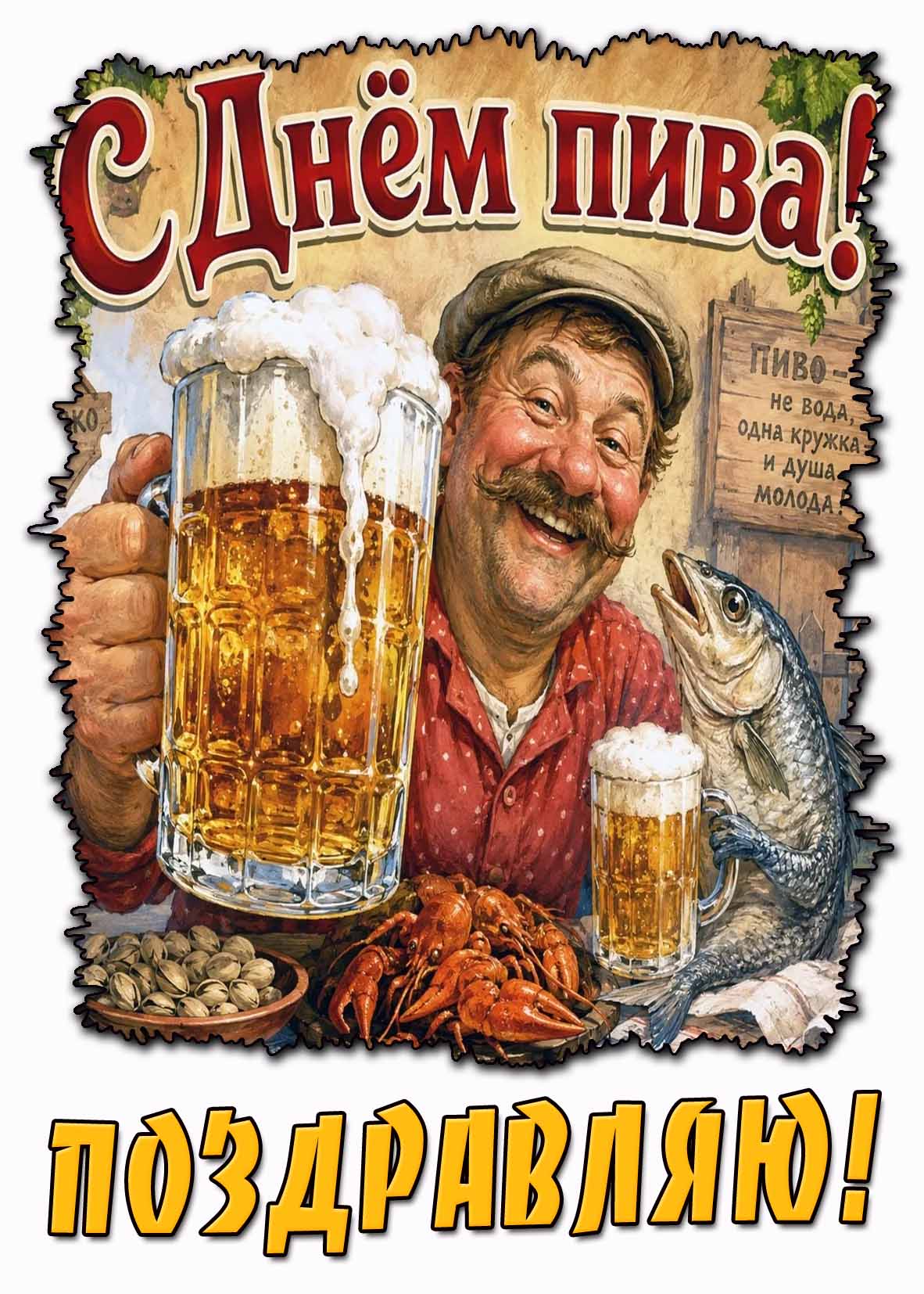 Прикольная открытка "С днём пива! Пиво - не вода! Одна кружка и душа молода! Поздравляю!"