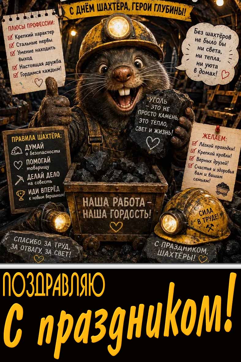 Прикольная открытка "С днём шахтёра, герои глубины! Поздравляю с праздником!"